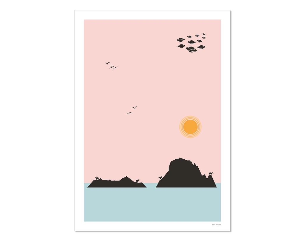 Minimal style graphic design print of Es Vedra, Ibiza.