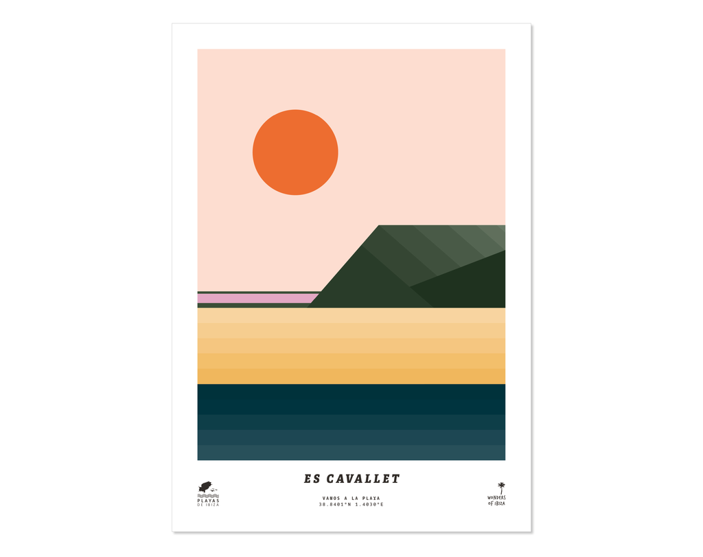 Minimal style graphic design print of Es Cavallet beach, Ibiza.