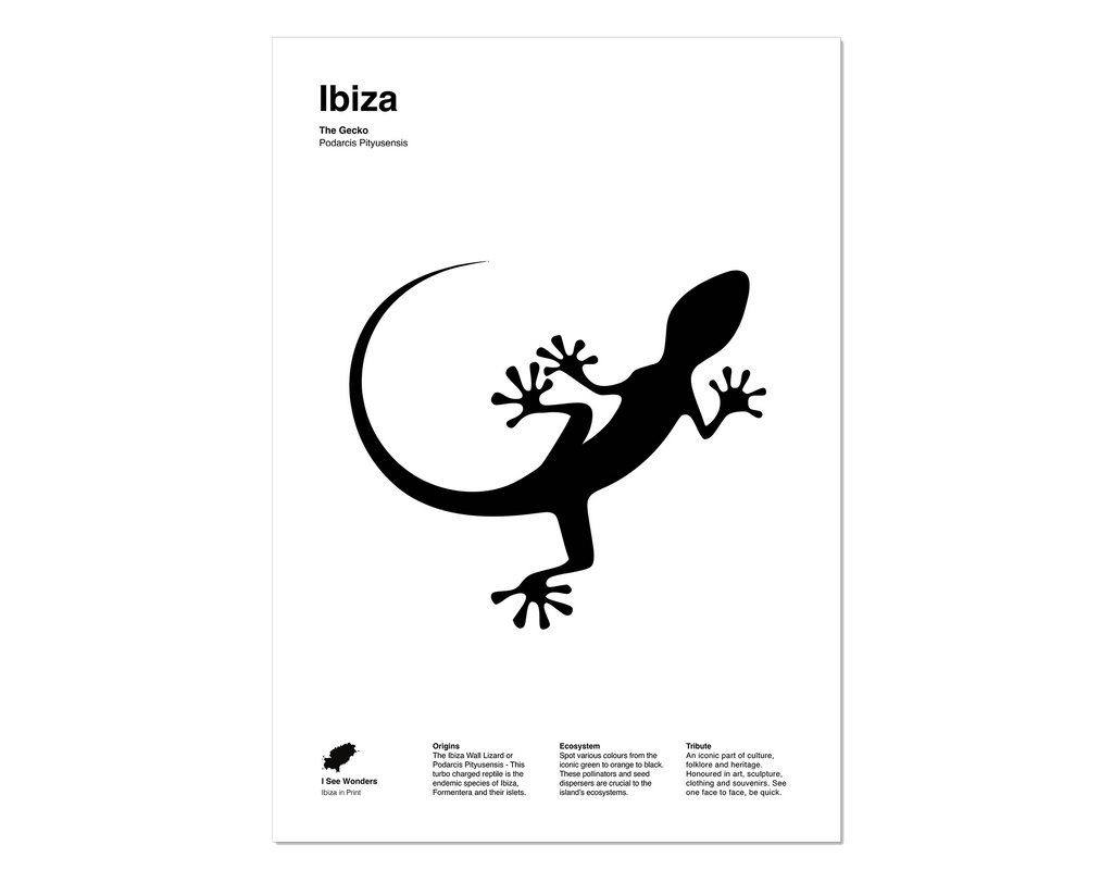 Minimal style black and white art print of the Gecko lizard from Ibiza.