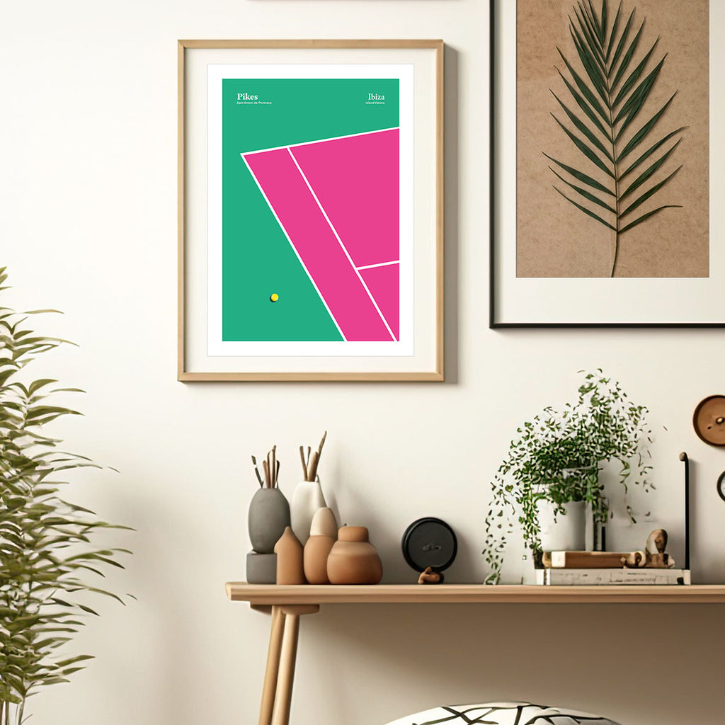 Framed Minimal style graphic design Ibiza art print of the pink and green tennis court, Pikes Hotel, Ibiza