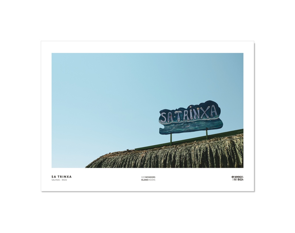Photographic print featuring the sign and roof of the iconic Sa Trinxa beach bar, Ibiza.