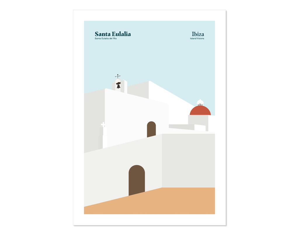 Minimal style graphic design Ibiza art print of Puig de Missa church, Santa Eulalia, Ibiza.  t