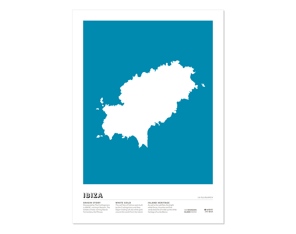 Minimal style graphic design Ibiza art print of the island of Ibiza from above in white with a rich blue background.  