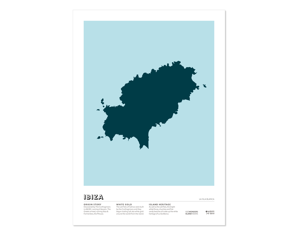 Minimalist art print of Ibiza, graphic design of the island in dark blue from above with a light blue background.
