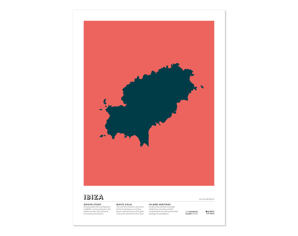 Minimal style graphic design Ibiza art print of the island of Ibiza from above in dark blue with a pink red background.