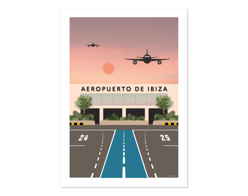 Minimalist graphic design Ibiza art print of Ibiza airport. 