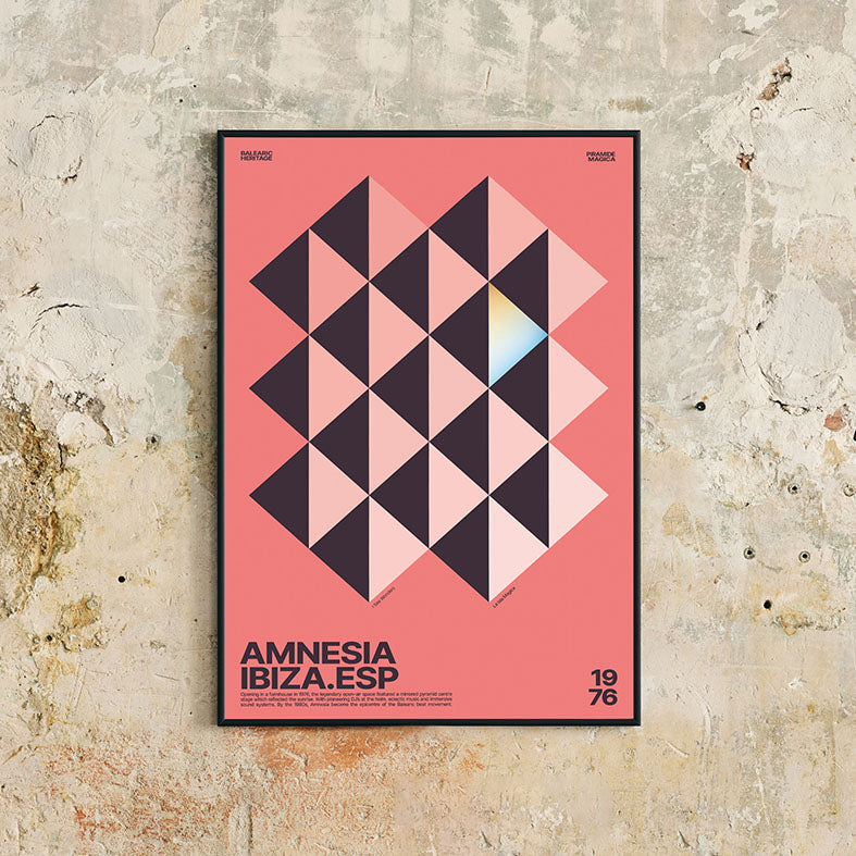Framed Minimal style graphic design Ibiza art print of the iconic club Amensia mirrored pyramid, Ibiza. 