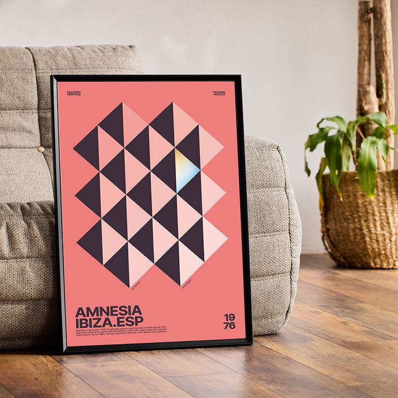 Framed Minimal style graphic design Ibiza art print of the iconic club Amensia mirrored pyramid, Ibiza. 