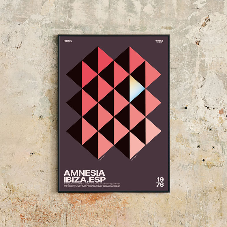 Framed Minimal style graphic design Ibiza art print of the iconic club Amensia mirrored pyramid, Ibiza. 