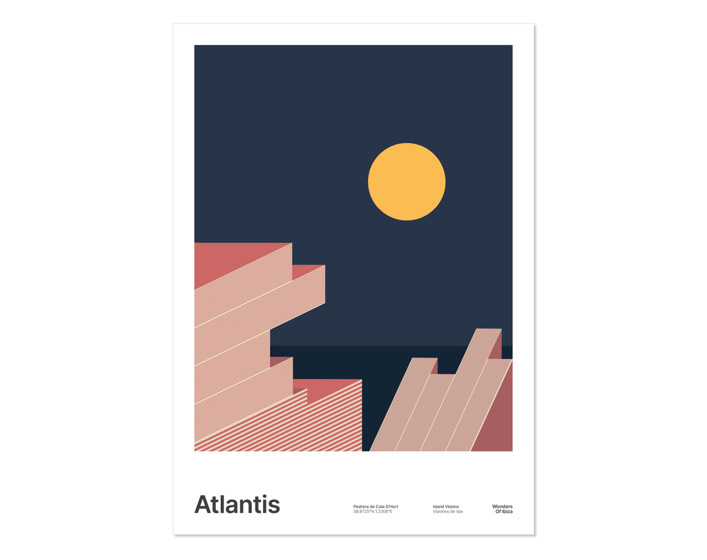 Minimal style graphic design Ibiza art print of Atlantis, Ibiza with a night sky background  