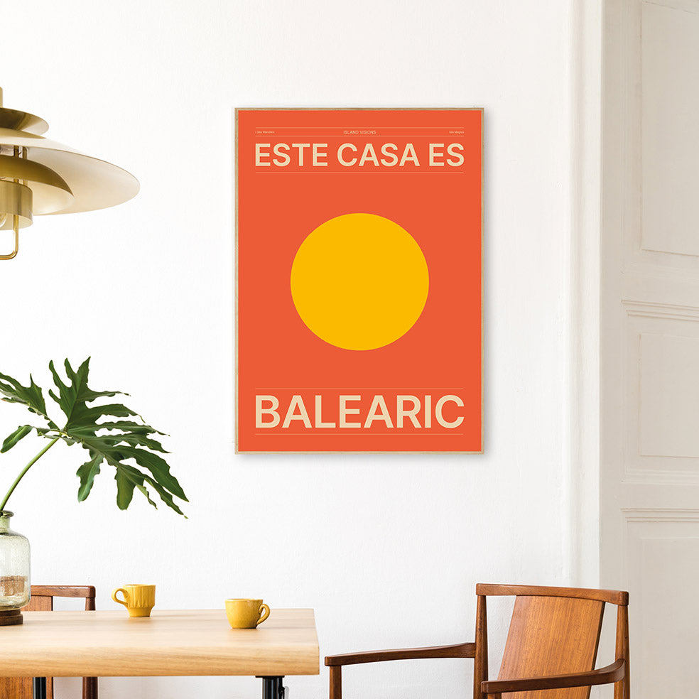 Framed Minimal style Ibiza typography art print which says Esta casa es balearic / this house is Balearic.