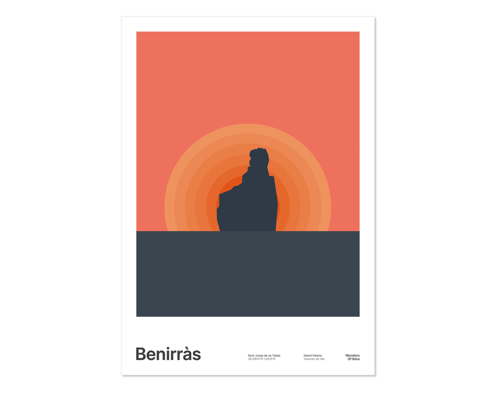 Minimal style graphic design Ibiza art print of Benirras with the sun setting and magical sky, Ibiza.