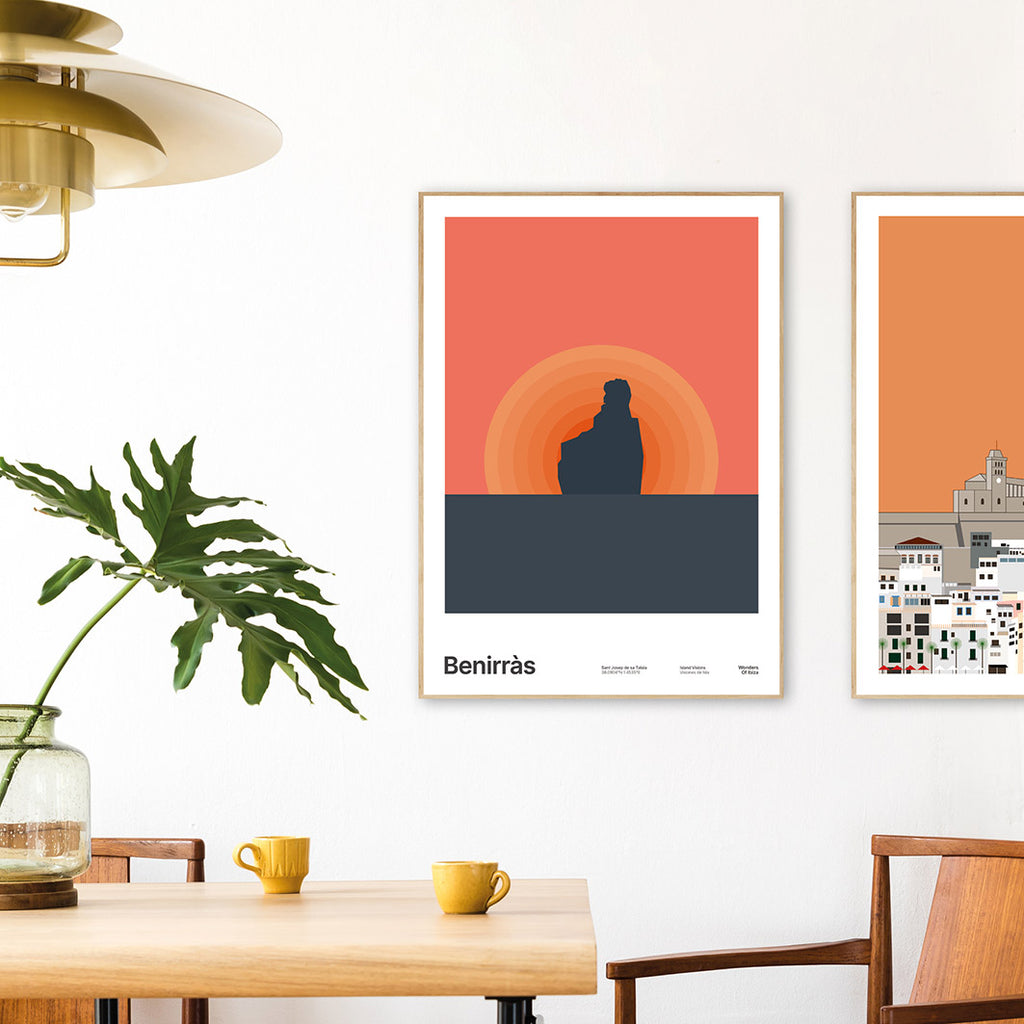 Framed Minimal style graphic design Ibiza art print of Benirras with the sun setting and magical sky, Ibiza.