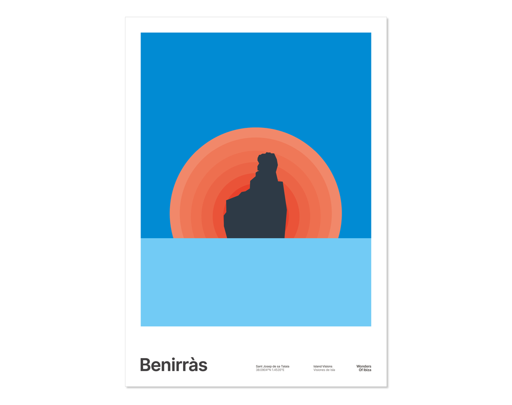 Minimal style graphic design Ibiza print of Benirras with the sun setting, Ibiza.