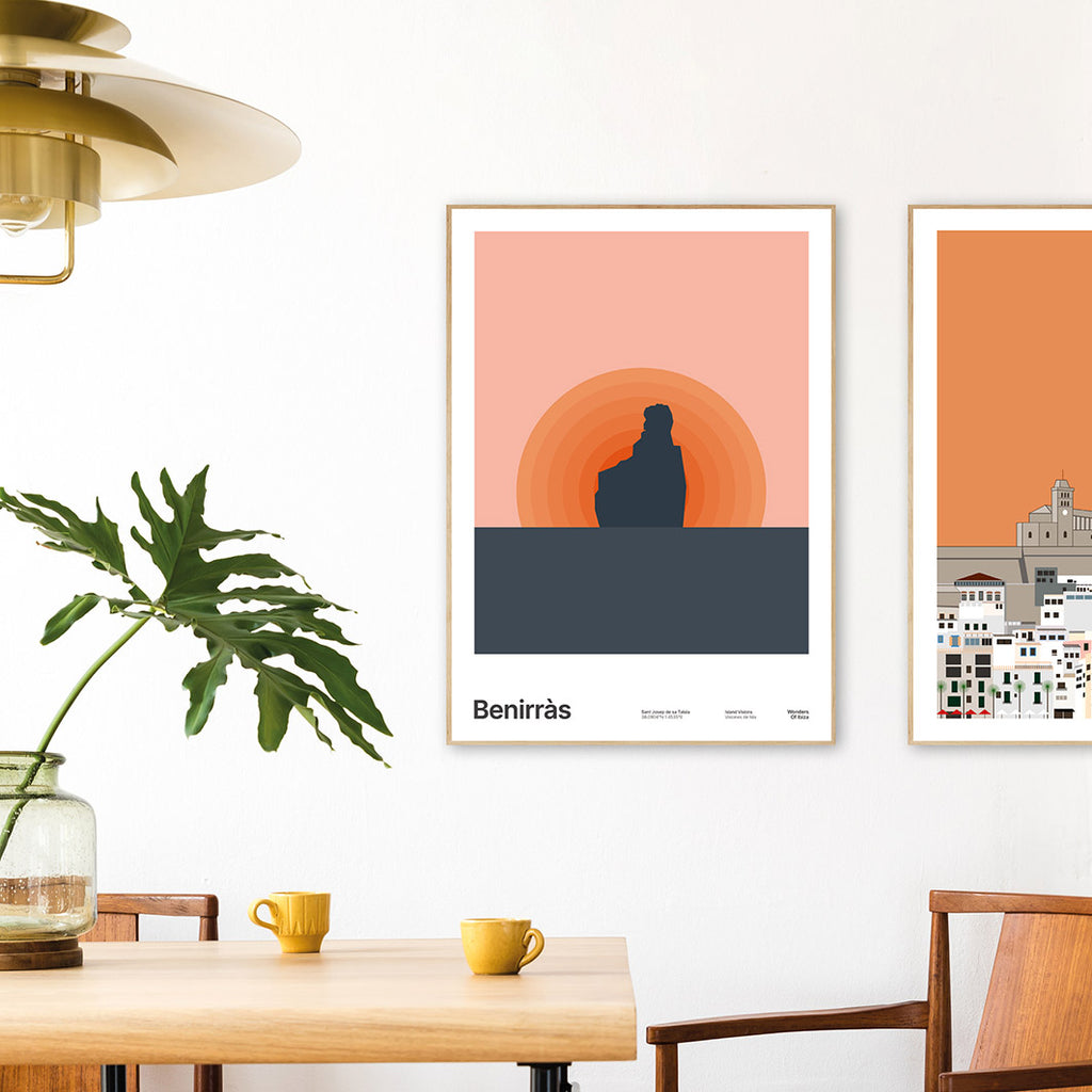 Framed Minimal style graphic design Ibiza art print of Benirras with the sun setting and pink sky, Ibiza.