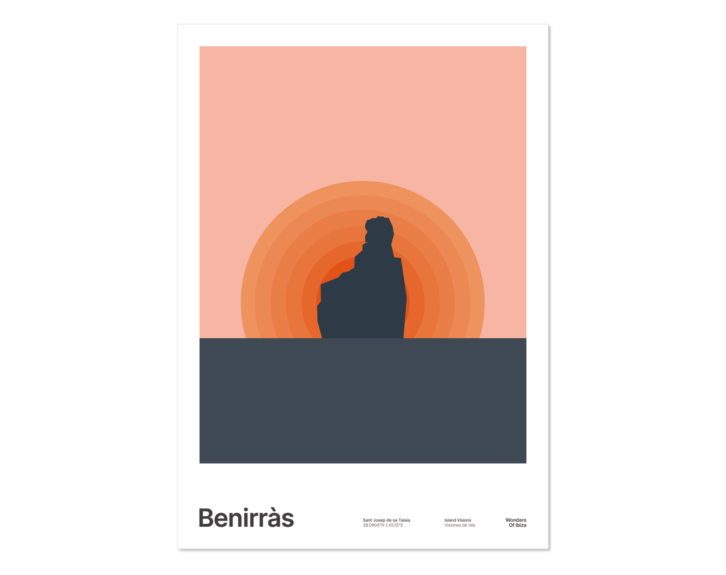 Minimal style graphic design Ibiza art print of Benirras with the sun setting and pink sky, Ibiza.