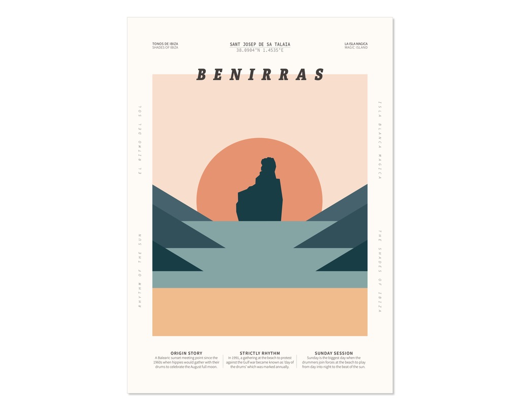 Minimal style graphic design Ibiza art print of Benirras, Ibiza with the sun setting behind.
