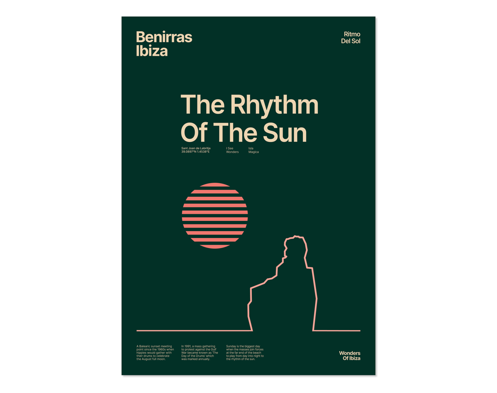 Minimal style Ibiza typography print "Rhythm of the Sun" in cream and light pink text on rich dark green in tribute to the drummers at Benirras Ibiza. 