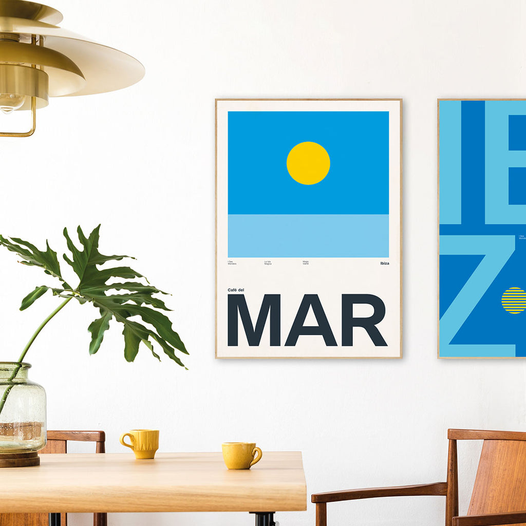 Framed Minimal style Ibiza art print with XL bold type in tribute the simple sunset view from Cafe del Mar, Ibiza.