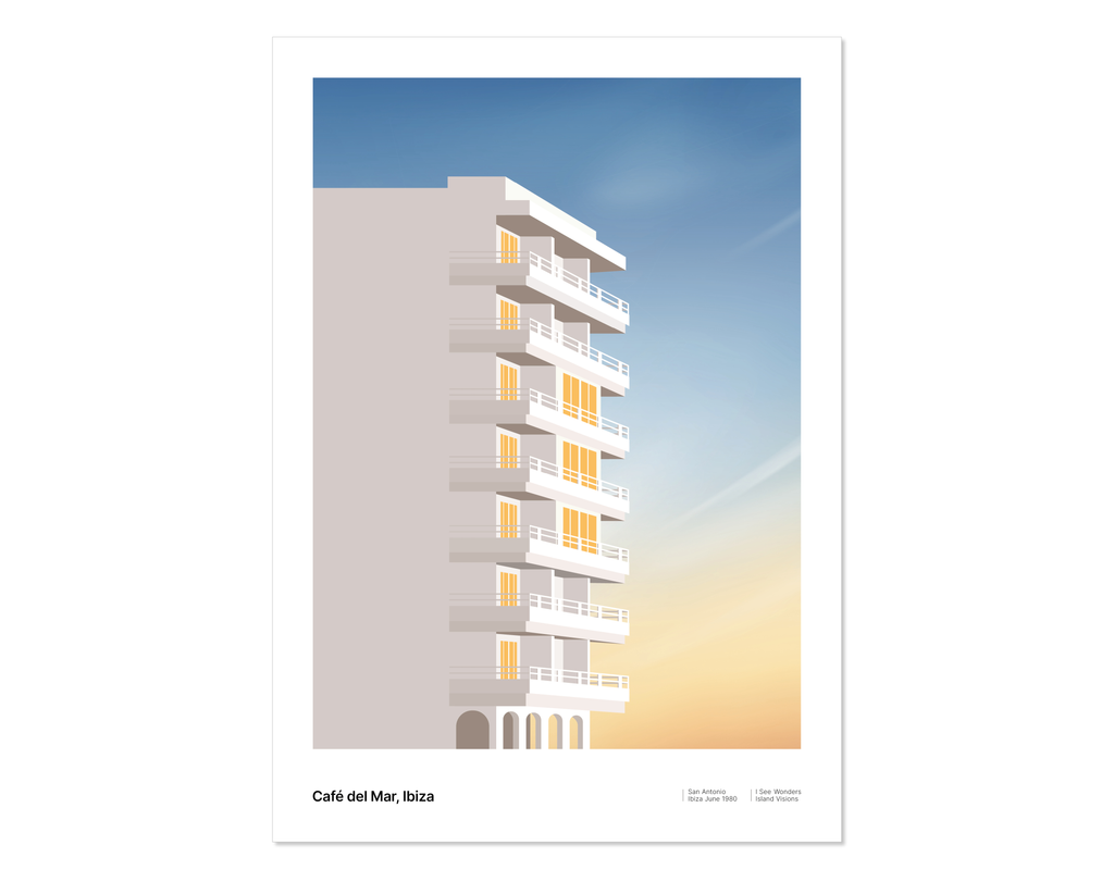 Minimal style graphic design Ibiza art print of Cafe del Mar by day, Ibiza.