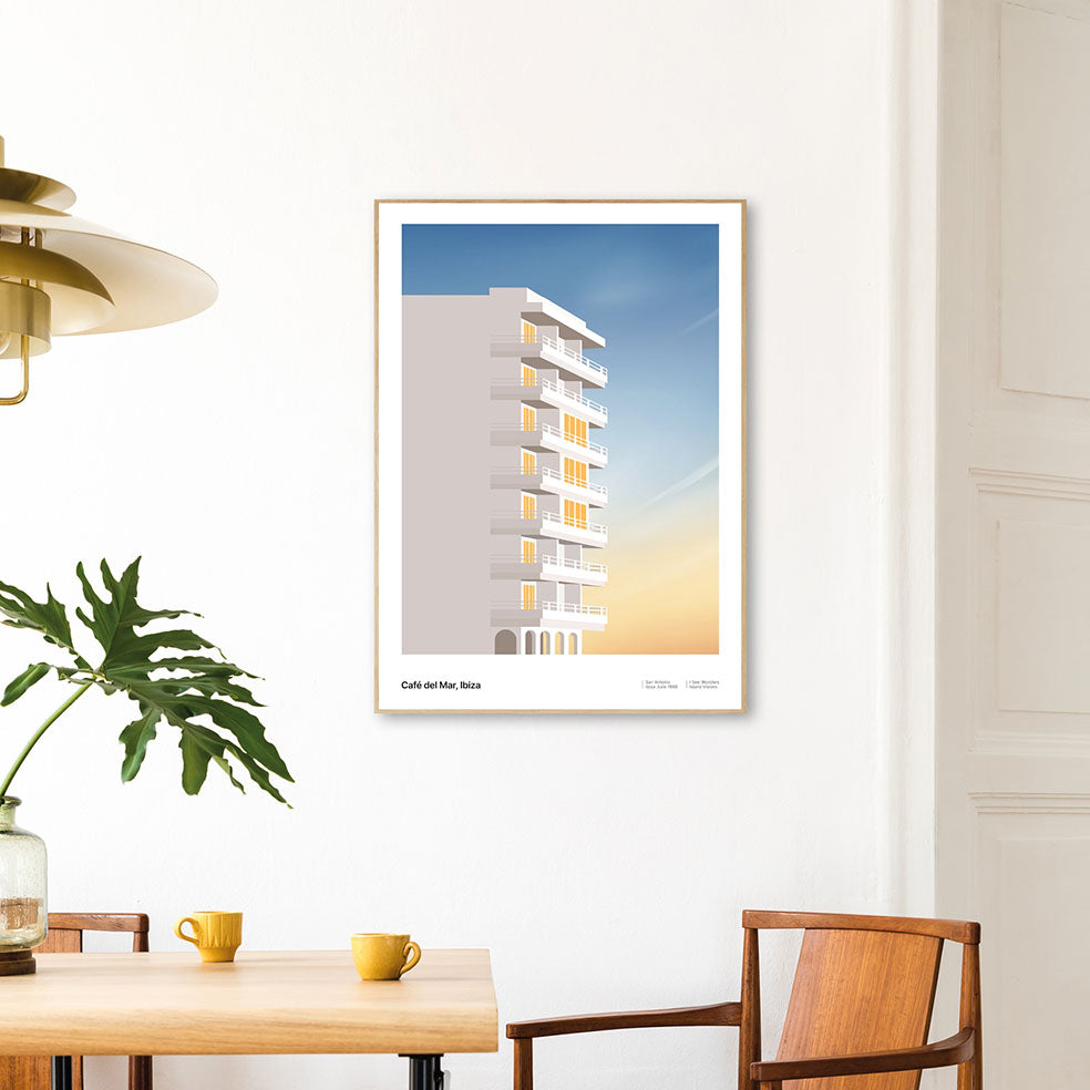 Framed Minimal style graphic design Ibiza art print of Cafe del Mar by day, Ibiza.