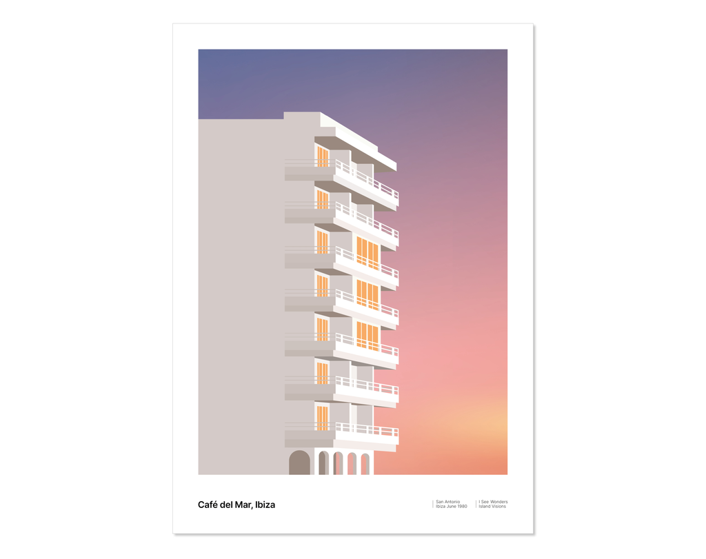 Minimal style graphic design Ibiza art print of Cafe del Mar with a magical sunset sky, Ibiza.