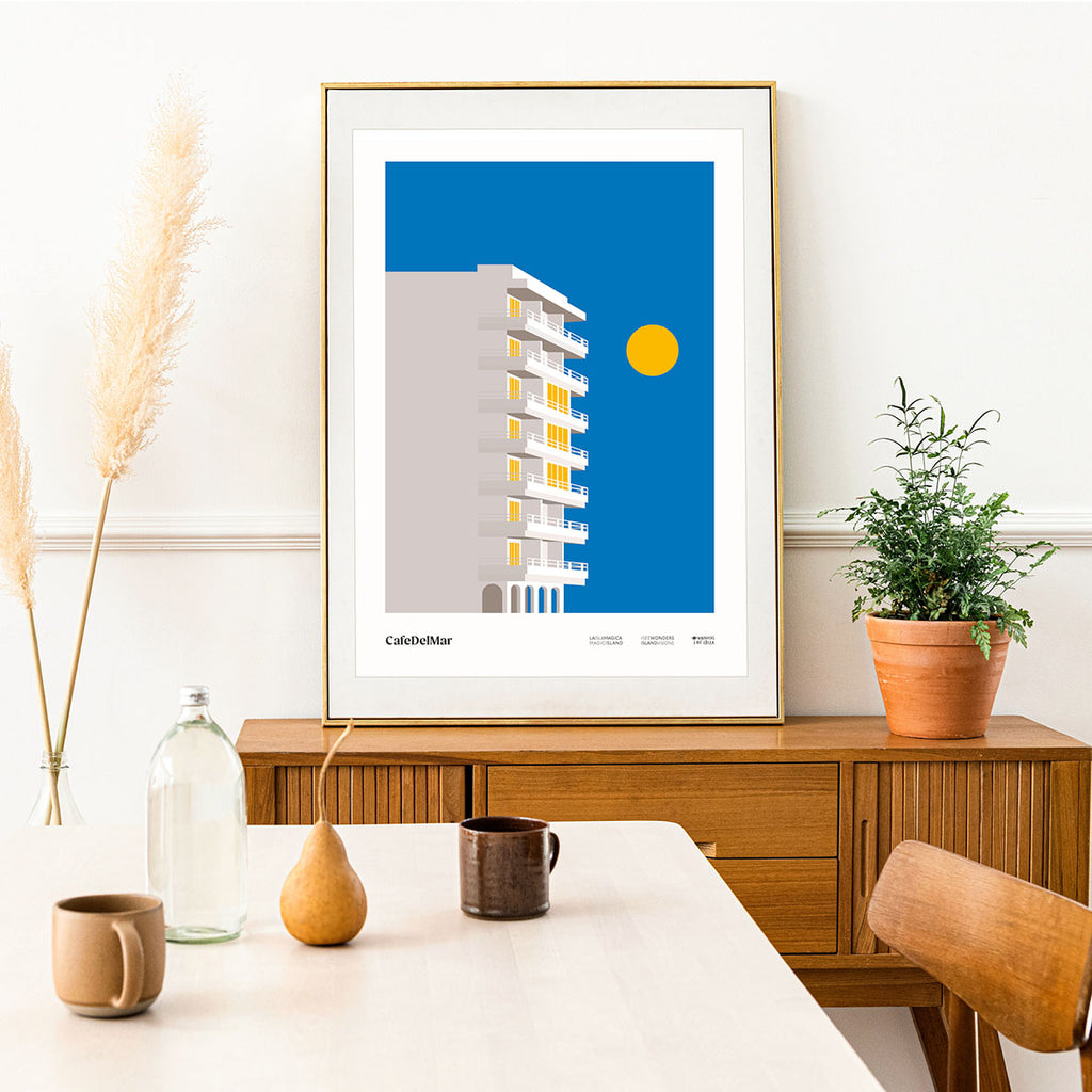 Framed Minimal style graphic design print of the building which is home to Cafe Del Mar, Ibiza.