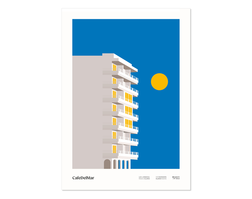 Minimal style graphic design print of the building which is home to Cafe Del Mar, Ibiza.