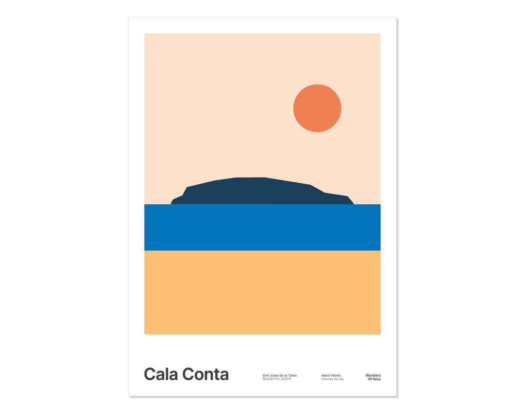 Minimal style graphic design print of Cala Conta beach, Ibiza.
