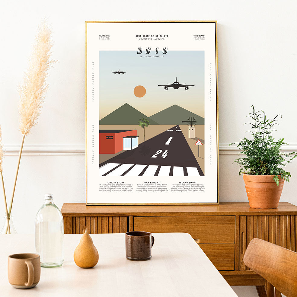 Framed Minimal style graphic design Ibiza art print of club DC10, Ibiza by day with planes coming in to land on the neighbouring runway