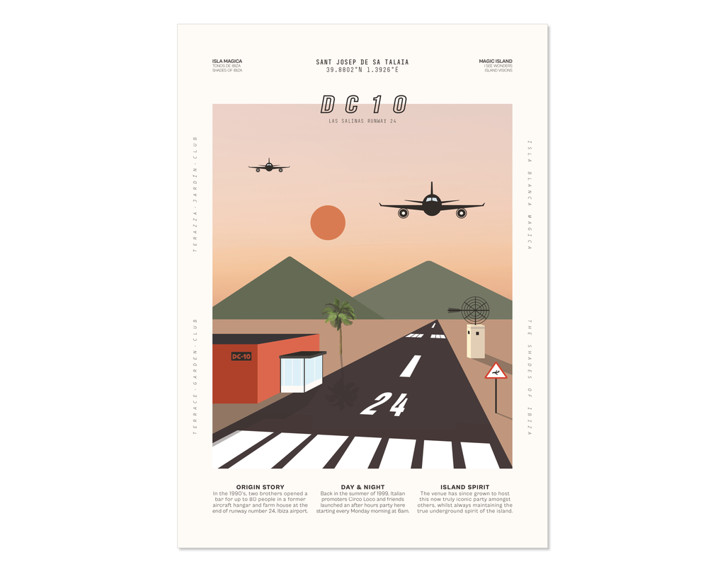 Minimal style graphic design Ibiza art print of club DC10, Ibiza at sunset with planes coming in to land on the neighbouring runway.
