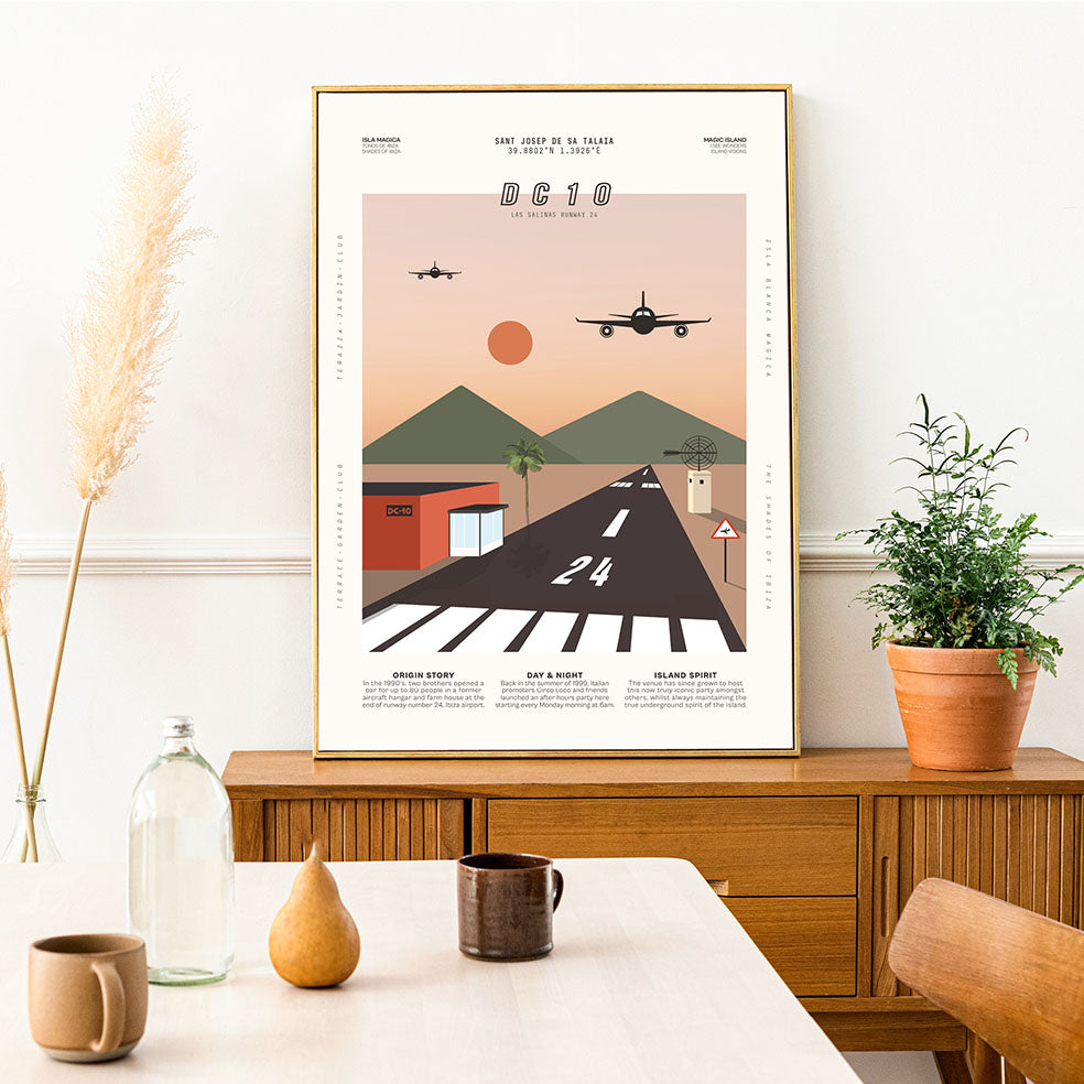 Framed Minimal style graphic design Ibiza art print of club DC10, Ibiza at sunset with planes coming in to land on the neighbouring runway.