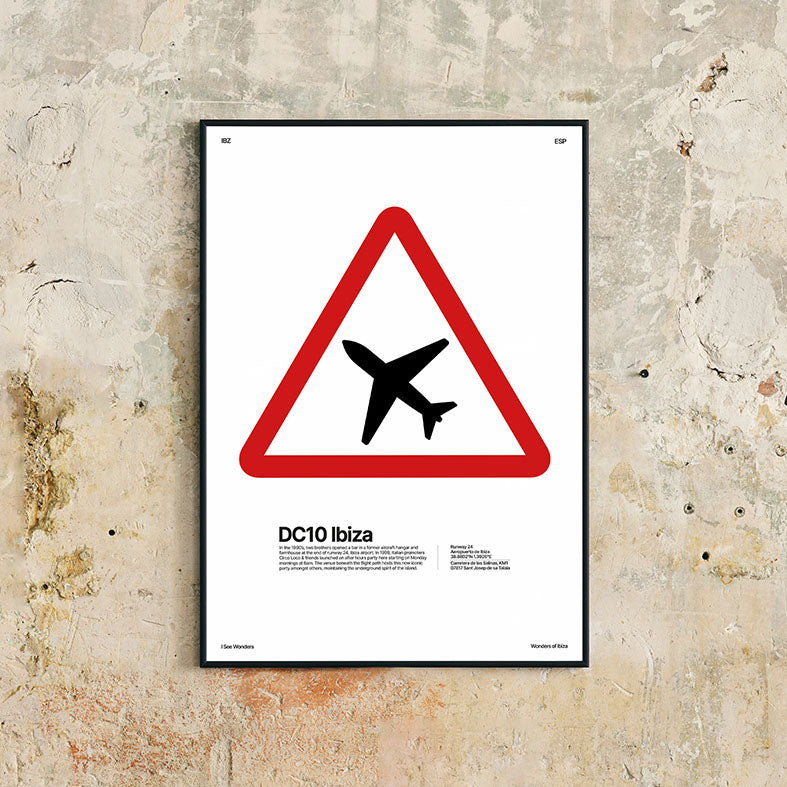 Framed minimal style graphic design Ibiza art print of a low flying plane sign in tribute to DC10, the club at the end of Ibiza airport runway. 