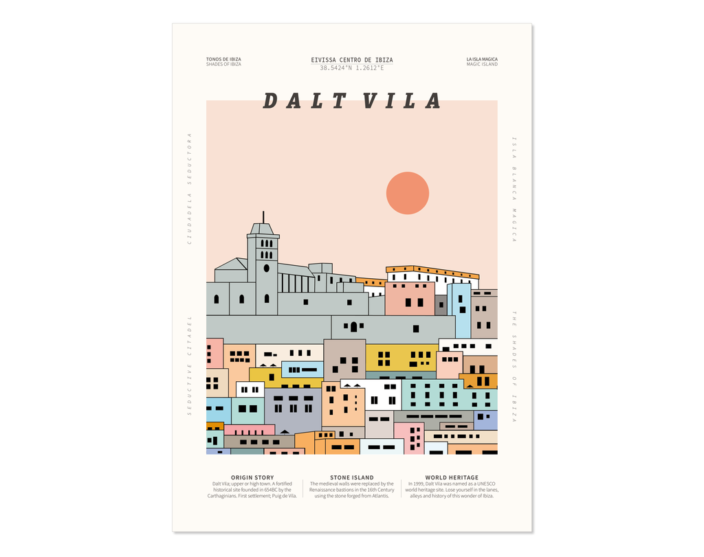 Minimal style graphic design Ibiza art print of Dalt Vila, Ibiza Town in multi pastel colours.