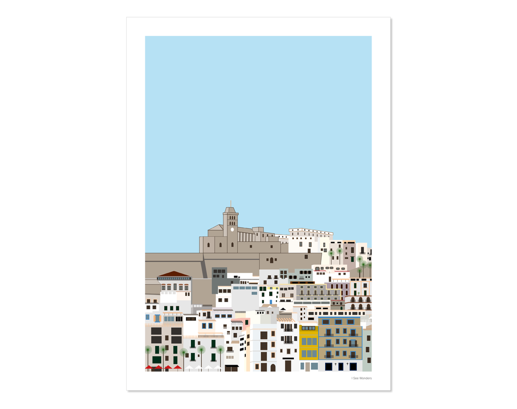 Graphic design Ibiza art print of Dalt Vila, Ibiza with a blue sky behind.