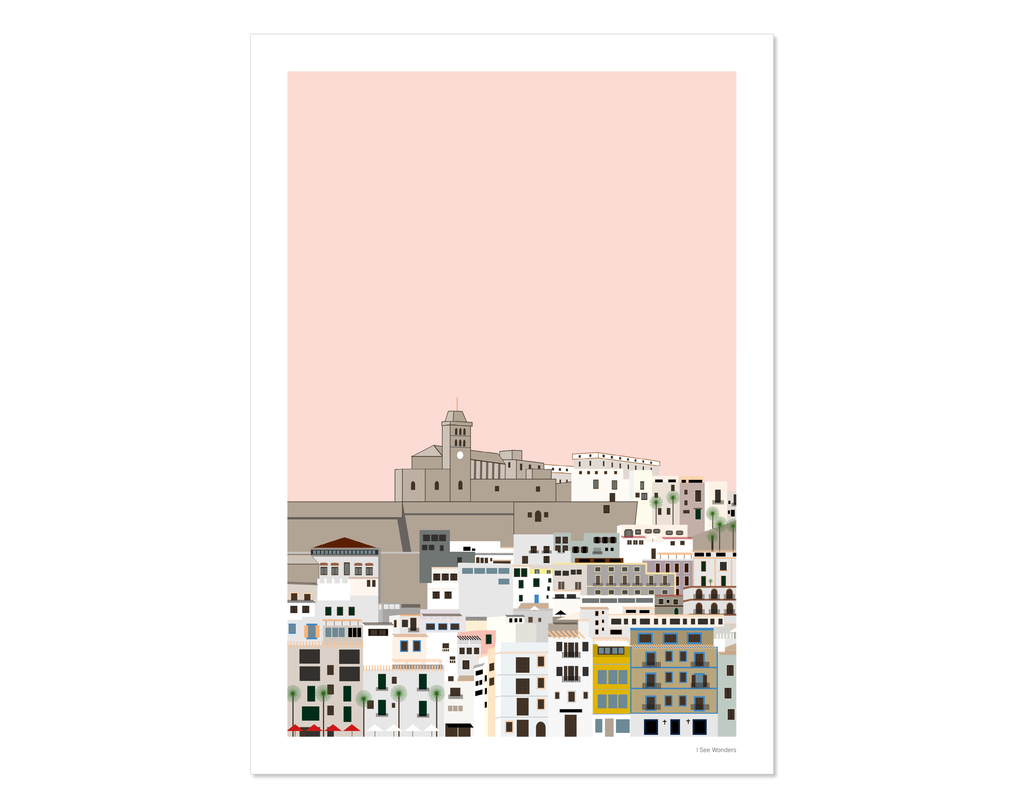Graphic design Ibiza art print of Dalt Vila, Ibiza with a magical pink sky behind.