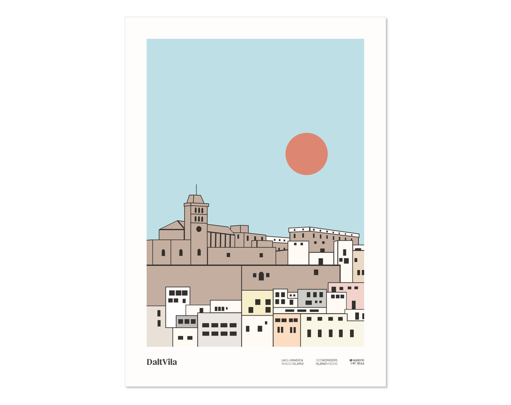 Minimal style graphic design Ibiza art print of Dalt Vila Ibiza by day.