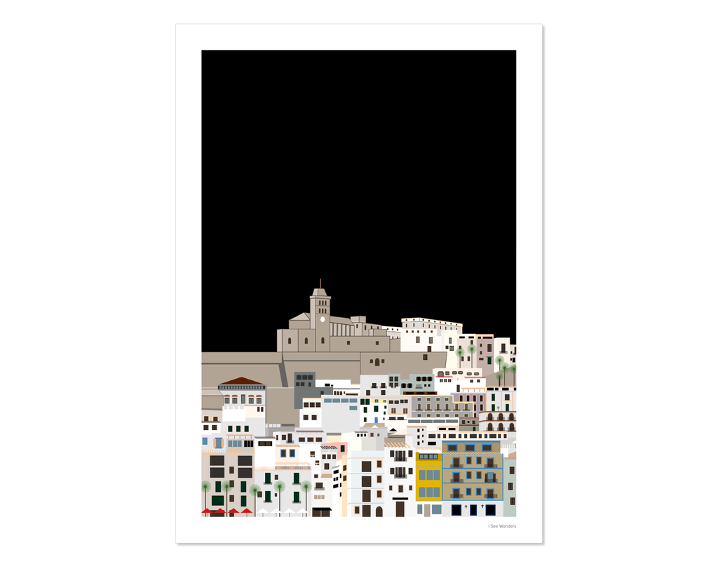 Framed Graphic design Ibiza art print of Dalt Vila, Ibiza with a rich, dark sky behind.