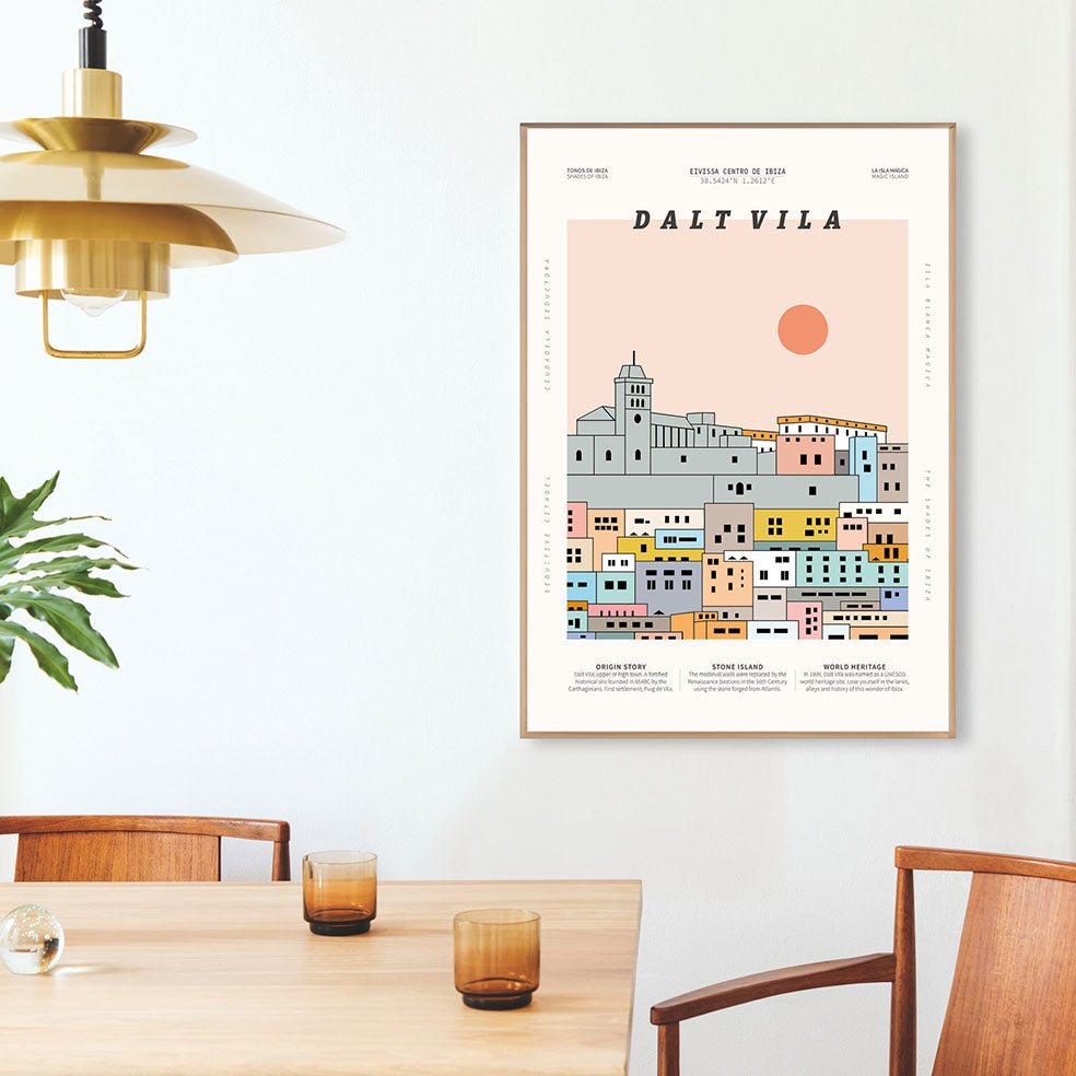Framed Minimal style graphic design Ibiza art print of Dalt Vila, Ibiza Town in multi pastel colours.