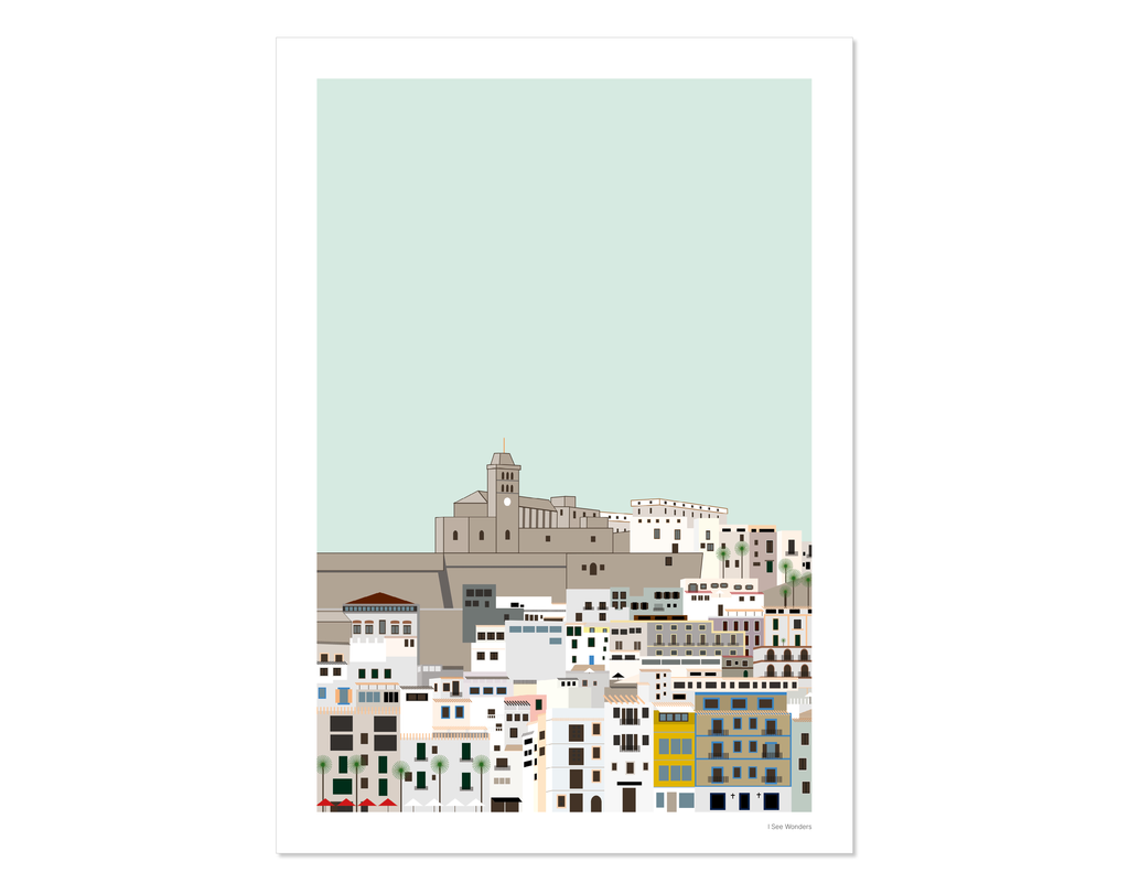 Graphic design Ibiza art print of Dalt Vila, Ibiza with a turquoise sky behind. 