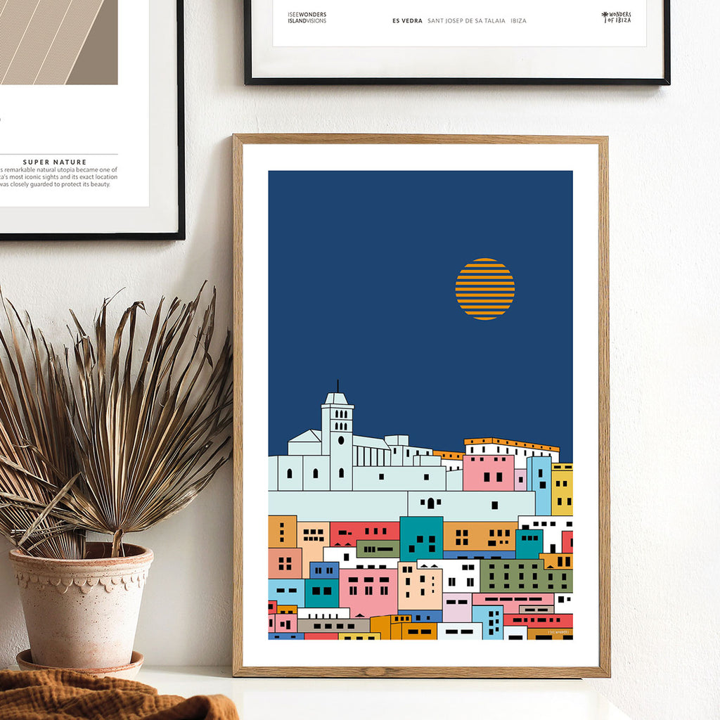 Framed Minimal style graphic design Ibiza art print of Dalt Vila and the sun above, Ibiza.