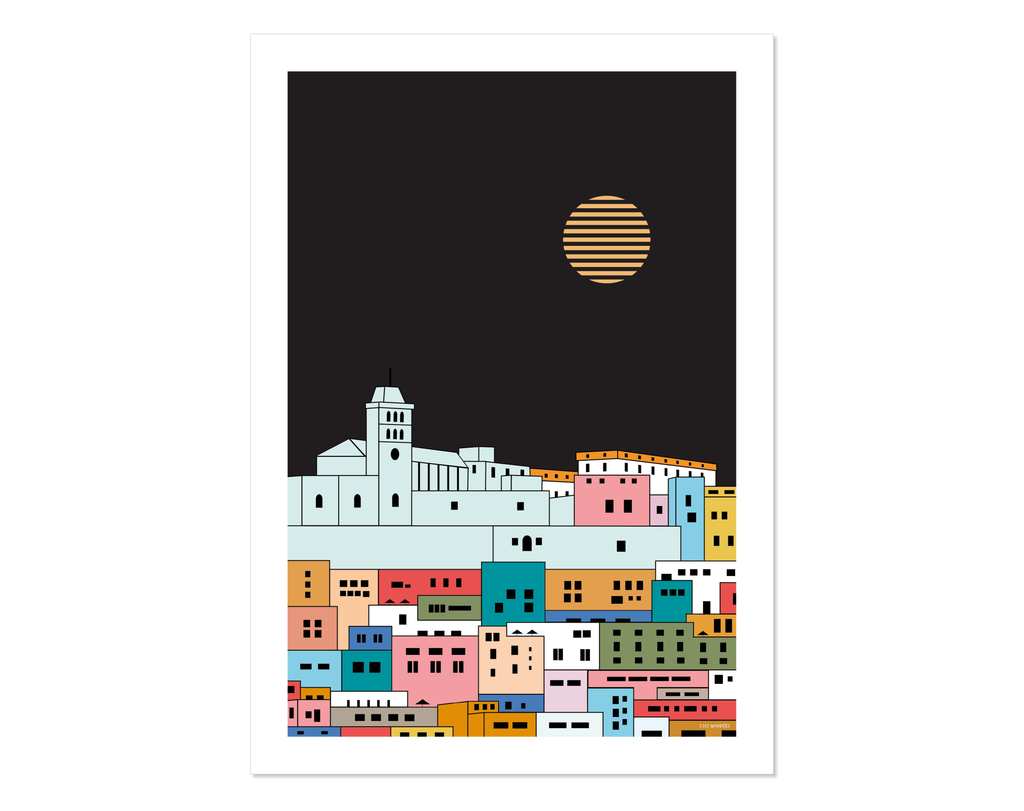 Minimal style graphic design Ibiza art print of Dalt Vila and the sun above, Ibiza.  