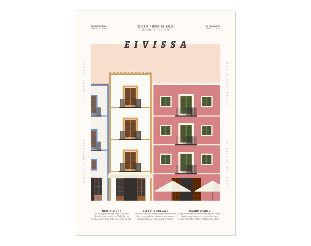 Minimal style graphic design Ibiza print of some of the architecture in Eivissa, Ibiza Town.Framed Minimal style graphic design Ibiza print of some of the architecture in Eivissa, Ibiza Town.
