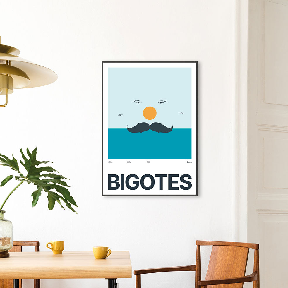 Framed Minimal style Ibiza art print with XL bold type in tribute to El Bigotes, Ibiza.  