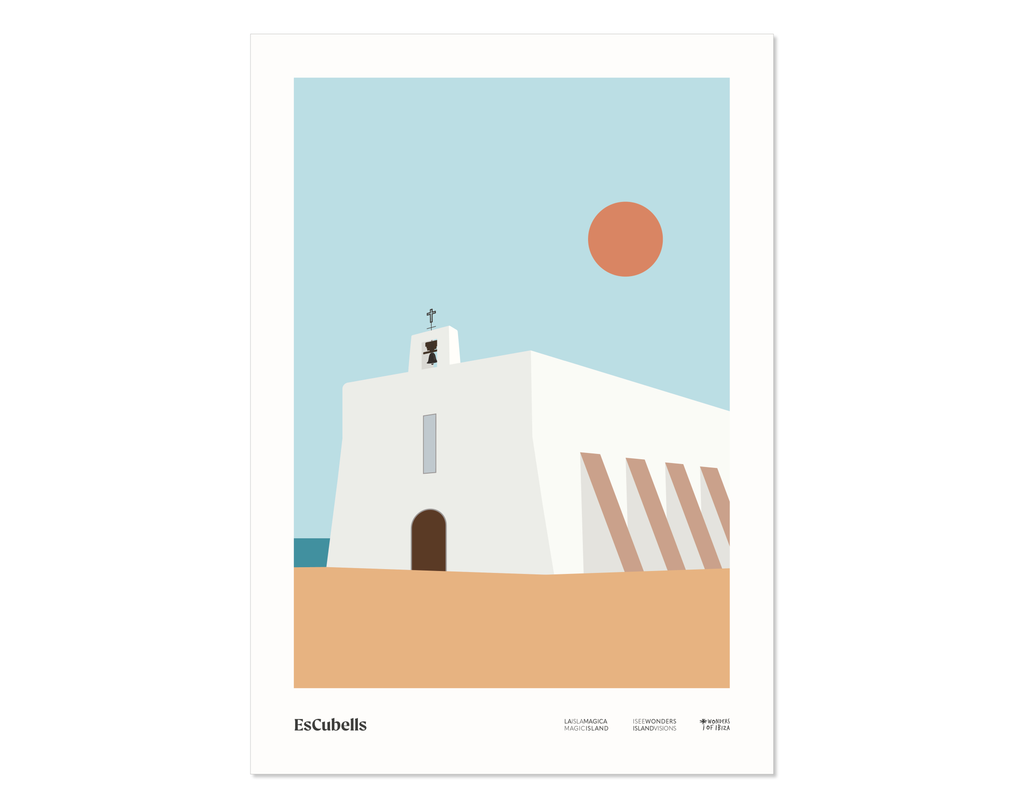 Minimalist graphic design Ibiza art print of the historic church in the village of Es Cubells, Ibiza.