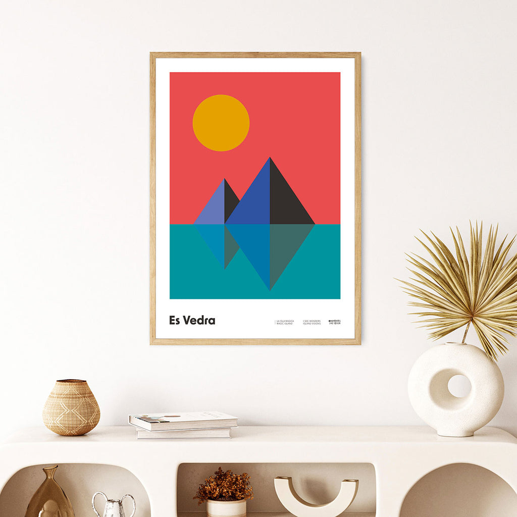 Framed Minimal style graphic design Ibiza art print of Es Vedra as prisms and the sun setting behind, Ibiza. 