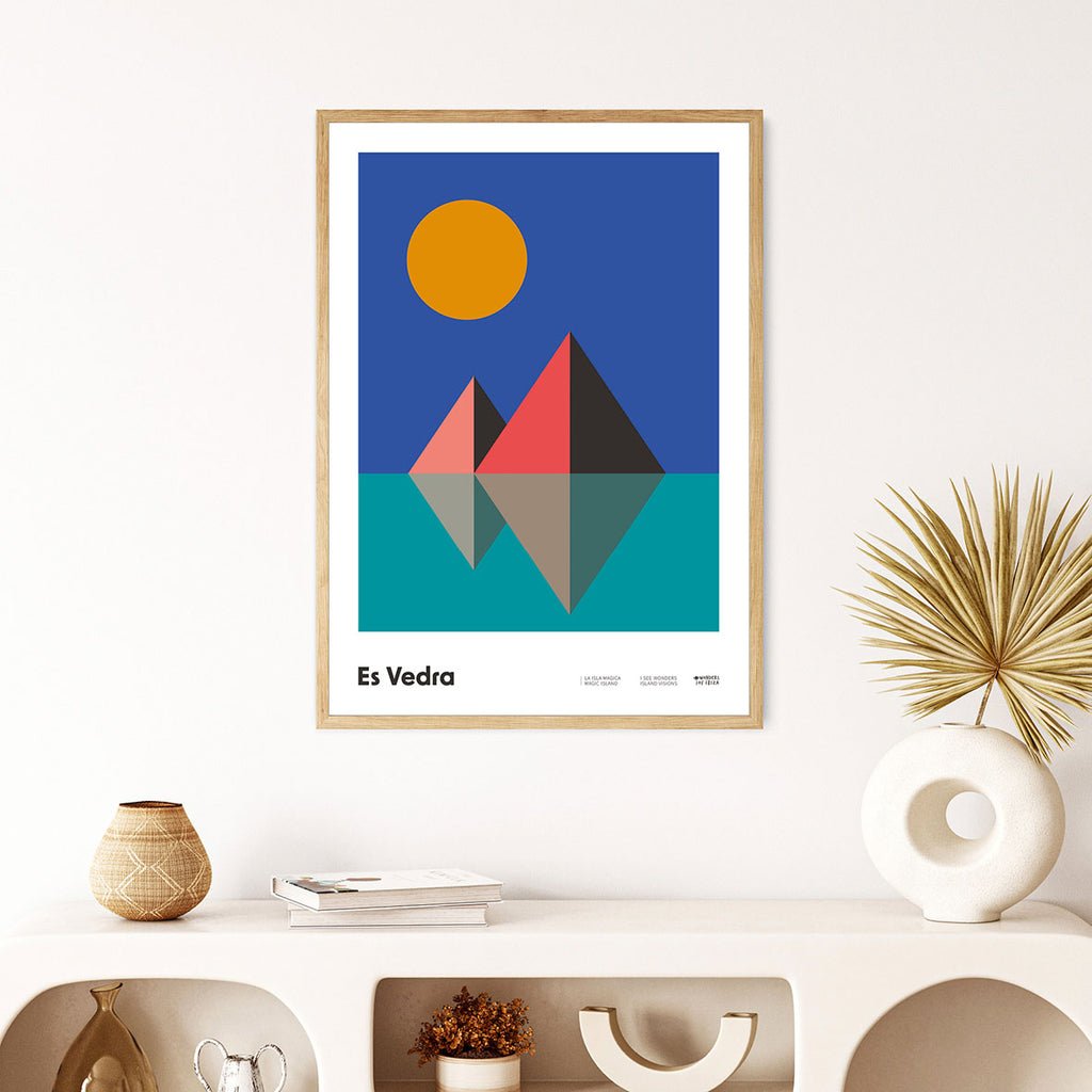 Framed Minimal style graphic design print of Es Vedra as prisms and the sun setting behind, Ibiza.  