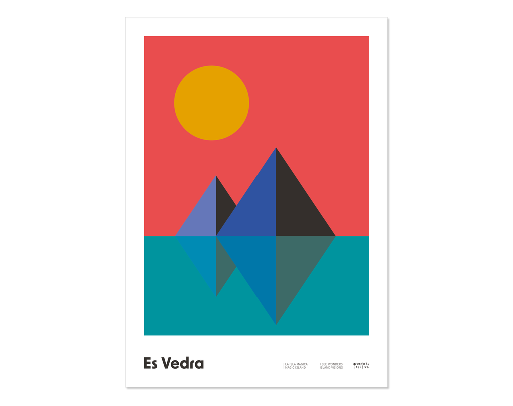 Minimal style graphic design Ibiza art print of Es Vedra as prisms and the sun setting behind, Ibiza. 