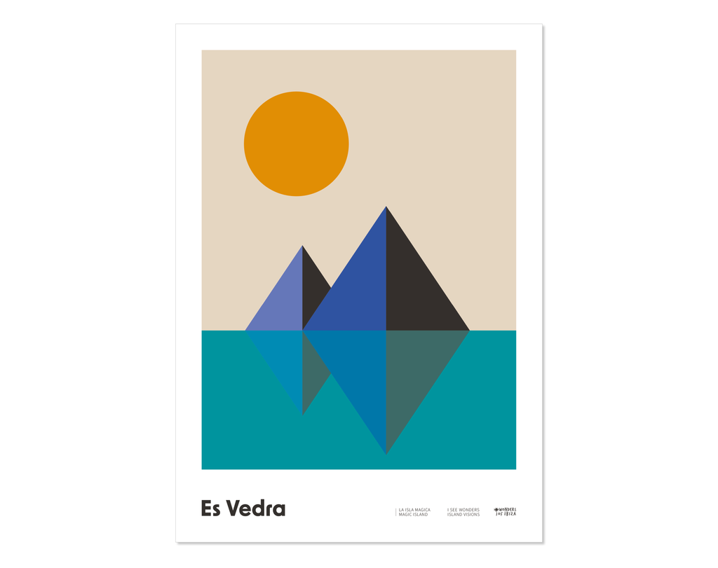 Minimal style graphic design Ibiza print of Es Vedra as prisms and the sun setting behind, Ibiza.