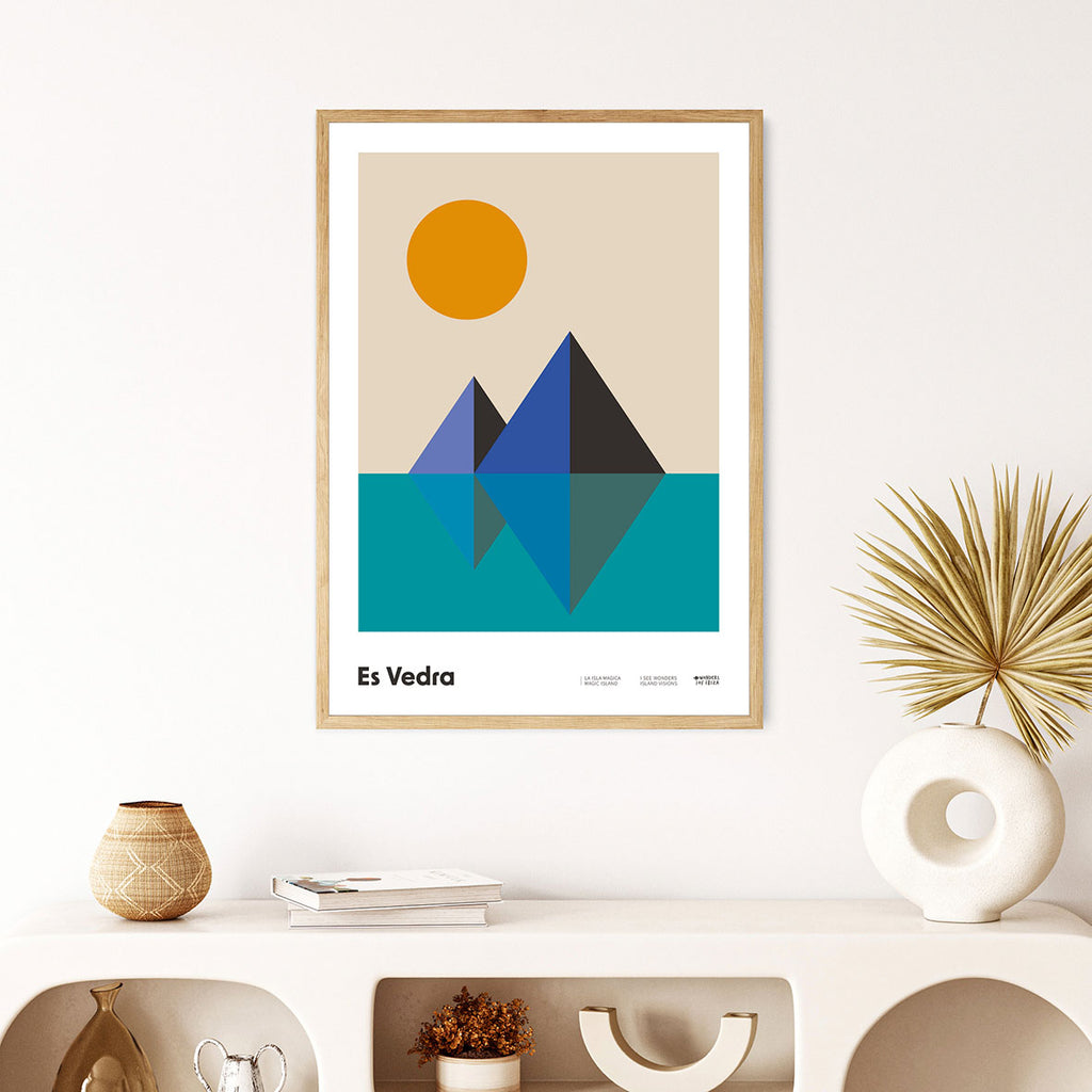 Framed Minimal style graphic design Ibiza print of Es Vedra as prisms and the sun setting behind, Ibiza.  
